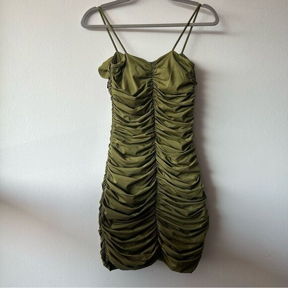 Maygel Coronel Estribo Appliquéd Ruched Stretch-Jersey Mini Dress in Olive Green - Picture 6 of 10